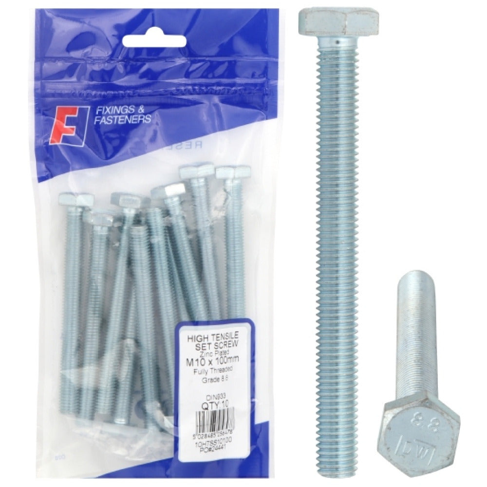 ForgeFix Prepack Hex Head Set Screw Bright Zinc Plated M10x70mm (Bag10)